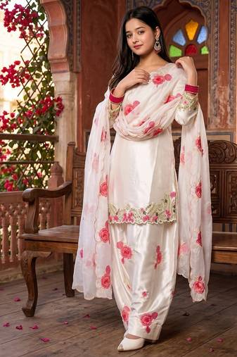 Off-white patiala salwar suit with floral embroidery