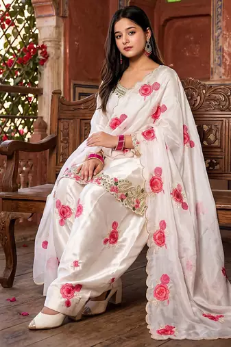 Off-white patiala salwar suit with floral embroidery