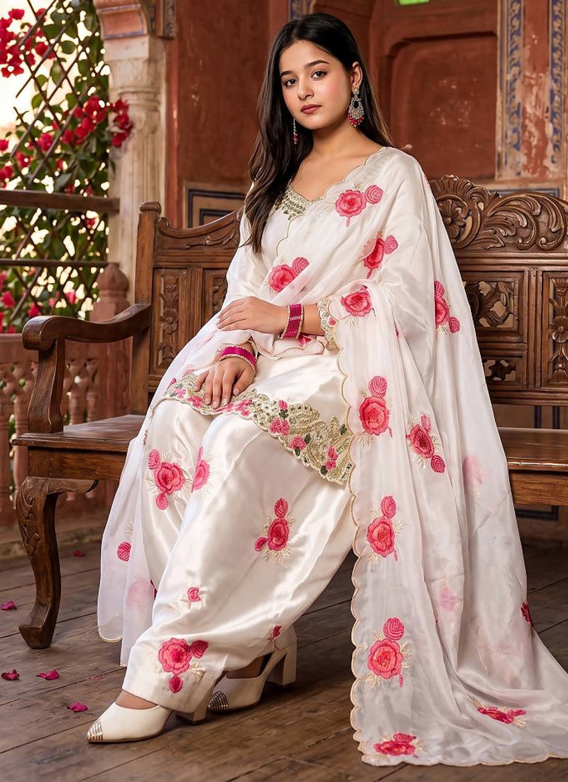 Off-white patiala salwar suit with floral embroidery