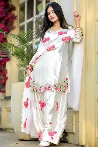 Off-white patiala salwar suit with floral embroidery