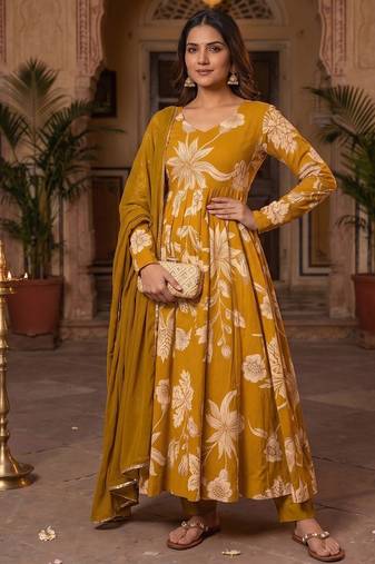 Mustard yellow floral printed anarkali kurta with pant and dupatta