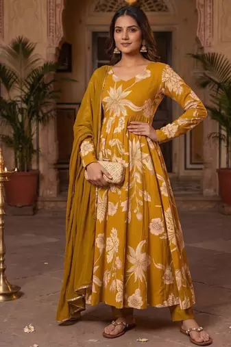 Mustard yellow floral printed anarkali kurta with pant and dupatta
