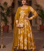 Mustard yellow floral printed anarkali kurta with pant and dupatta