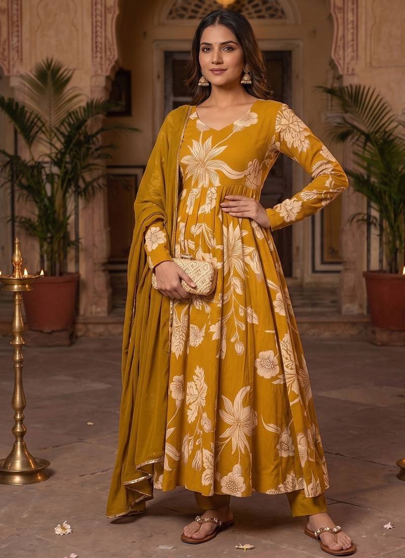 Mustard yellow floral printed anarkali kurta with pant and dupatta