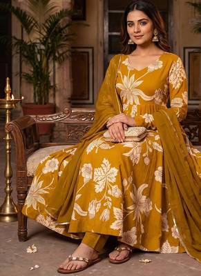 Mustard yellow floral printed anarkali kurta with pant and dupatta 2