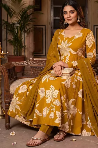 Mustard yellow floral printed anarkali kurta with pant and dupatta