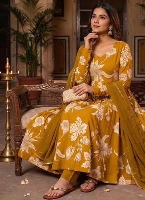 Mustard yellow floral printed anarkali kurta with pant and dupatta 3