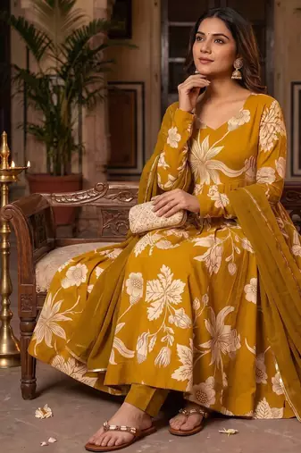 Mustard yellow floral printed anarkali kurta with pant and dupatta