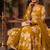 Mustard yellow floral printed anarkali kurta with pant and dupatta