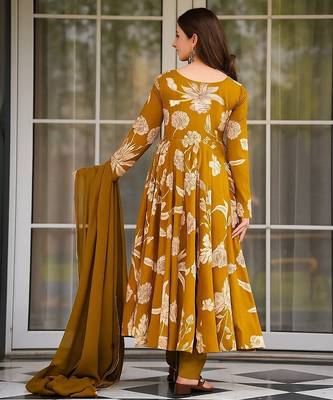 Mustard yellow floral printed anarkali kurta with pant and dupatta 4
