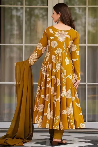 Mustard yellow floral printed anarkali kurta with pant and dupatta