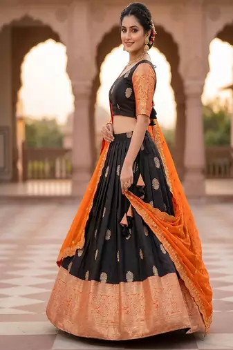Elegant Black Border Work Festive Chaniya Choli Set for Women