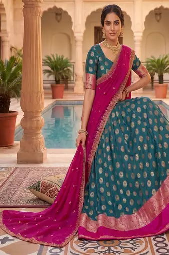 Peacock Blue Banarasi Silk Ethnic Lehenga Choli for Festivals and Weddings