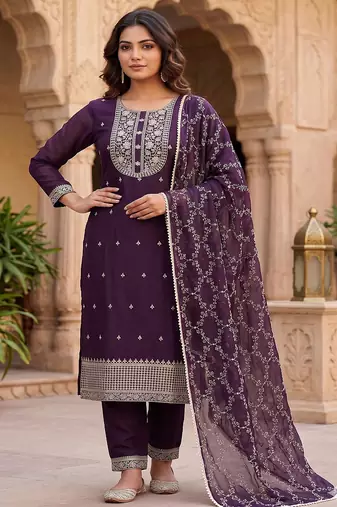 Deep wine embroidered straight kurta with pant and dupatta