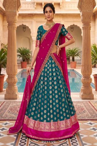 Peacock Blue Banarasi Silk Ethnic Lehenga Choli for Festivals and Weddings