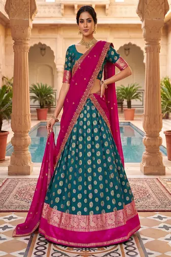 Peacock Blue Banarasi Silk Ethnic Lehenga Choli for Festivals and Weddings