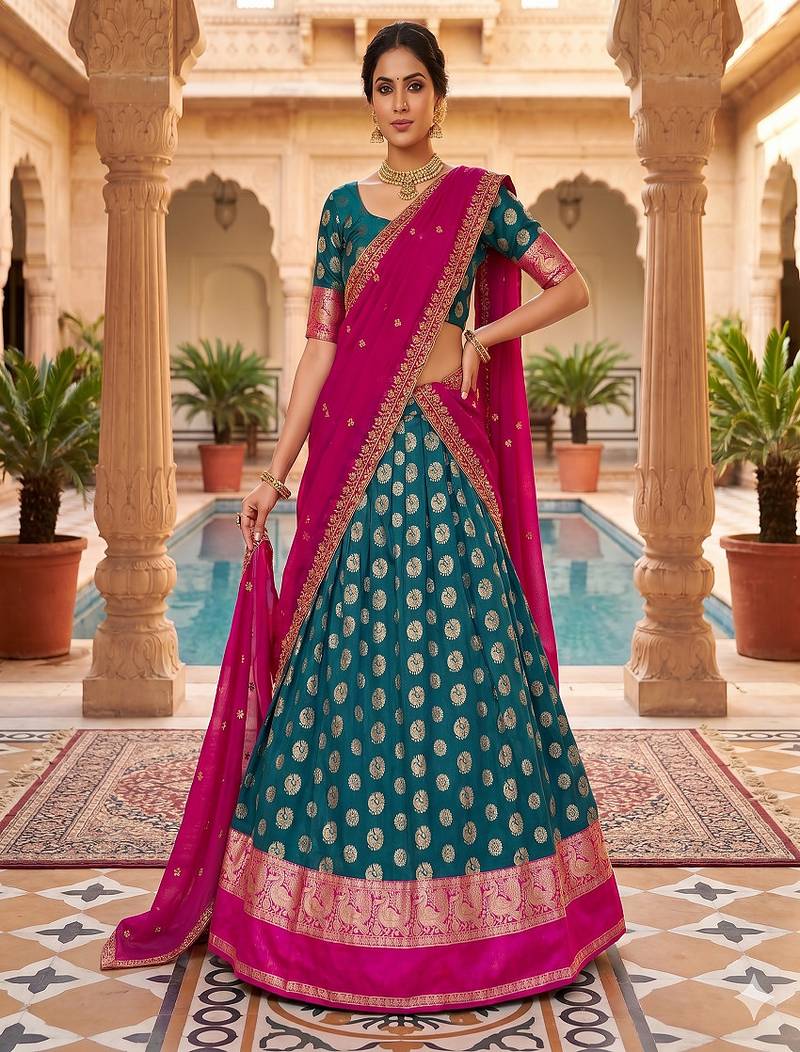 Peacock Blue Banarasi Silk Ethnic Lehenga Choli for Festivals and Weddings