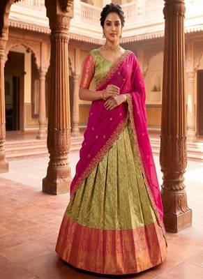 Pista Green Jacquard Silk Traditional Lehenga Choli with Deep Magenta Dupatta 1