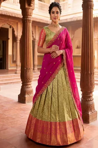 Pista Green Jacquard Silk Traditional Lehenga Choli with Deep Magenta Dupatta