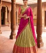 Pista Green Jacquard Silk Traditional Lehenga Choli with Deep Magenta Dupatta