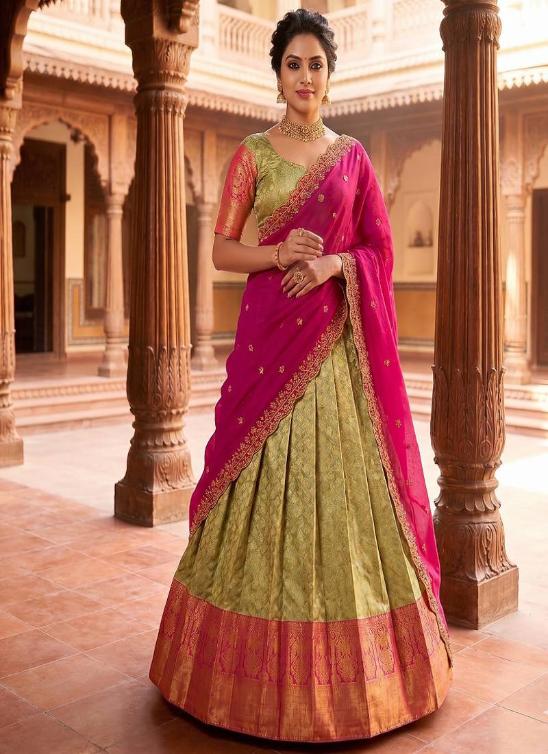 Pista Green Jacquard Silk Traditional Lehenga Choli with Deep Magenta Dupatta