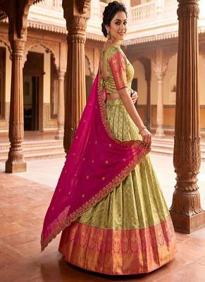 Pista Green Jacquard Silk Traditional Lehenga Choli with Deep Magenta Dupatta 3