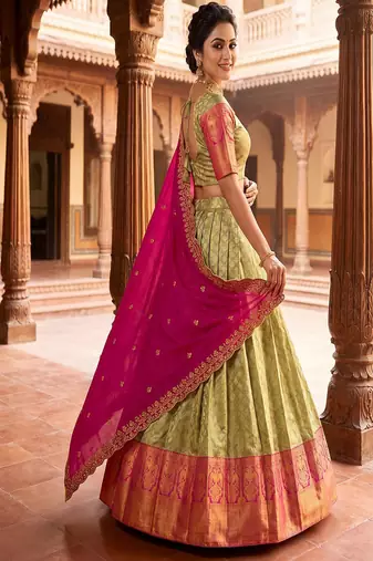 Pista Green Jacquard Silk Traditional Lehenga Choli with Deep Magenta Dupatta