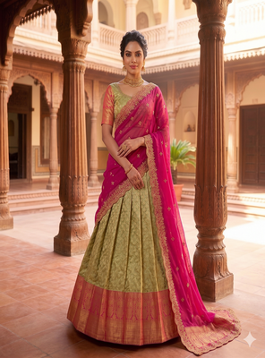Pista Green Jacquard Silk Traditional Lehenga Choli with Deep Magenta Dupatta 4