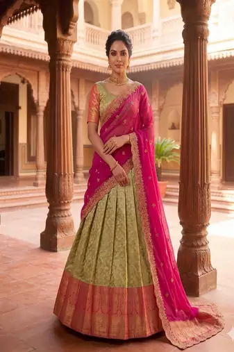 Pista Green Jacquard Silk Traditional Lehenga Choli with Deep Magenta Dupatta