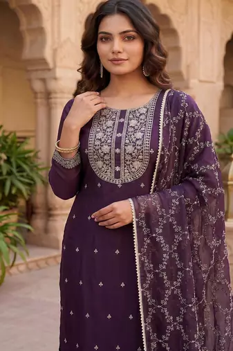 Deep wine embroidered straight kurta with pant and dupatta