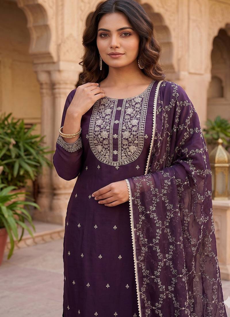 Deep wine embroidered straight kurta with pant and dupatta