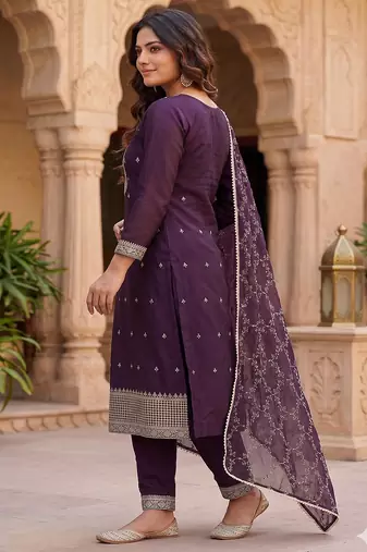 Deep wine embroidered straight kurta with pant and dupatta