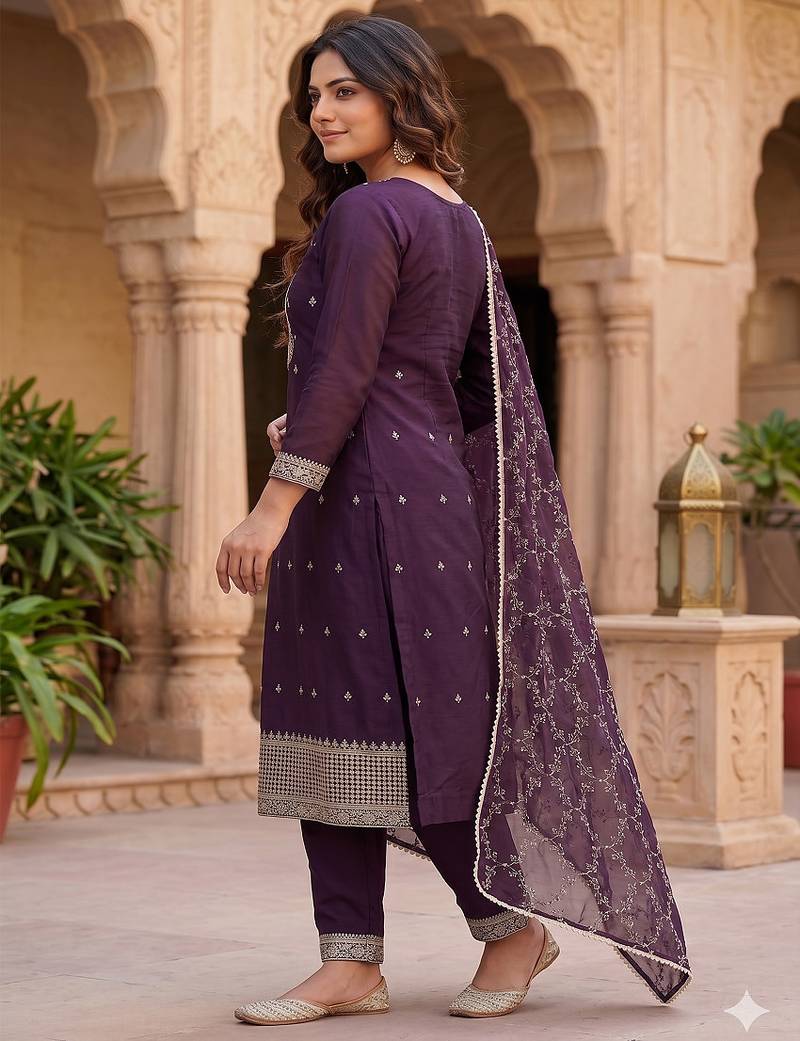 Deep wine embroidered straight kurta with pant and dupatta