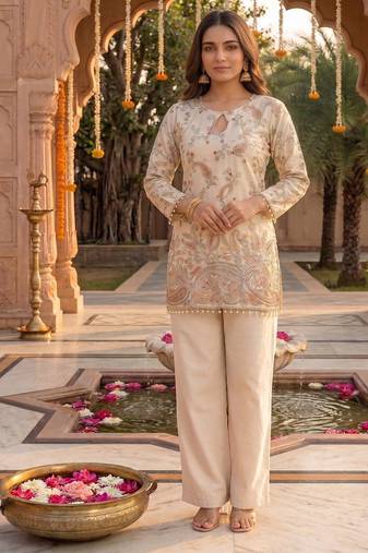 Off-white embroidered straight kurta with pant set