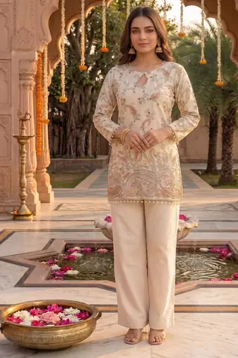 Off-white embroidered straight kurta with pant set