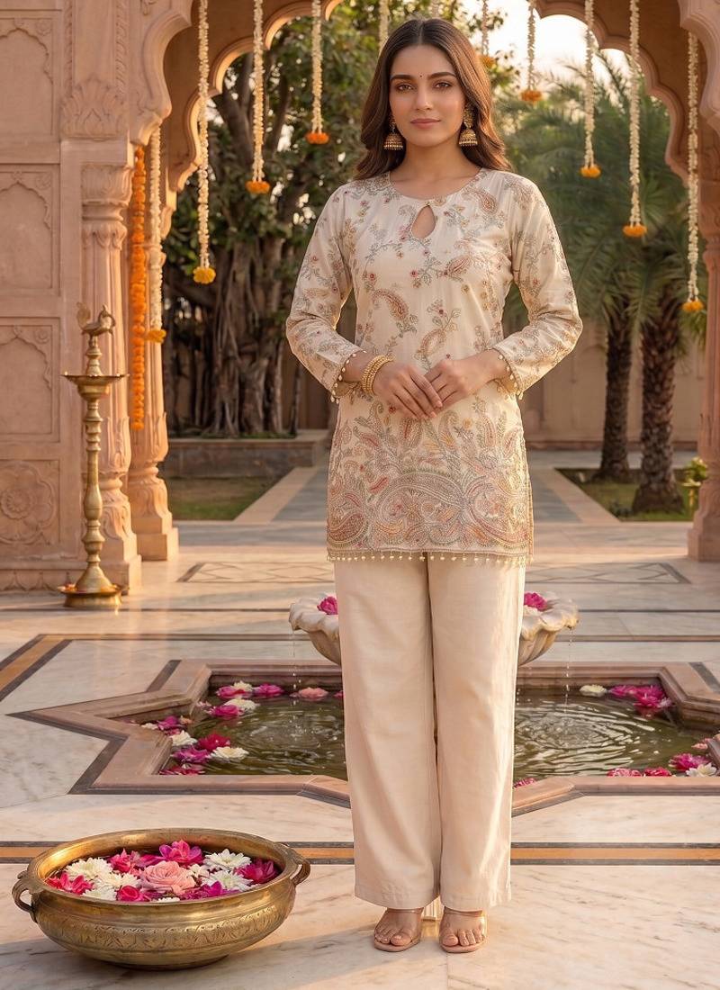 Off-white embroidered straight kurta with pant set