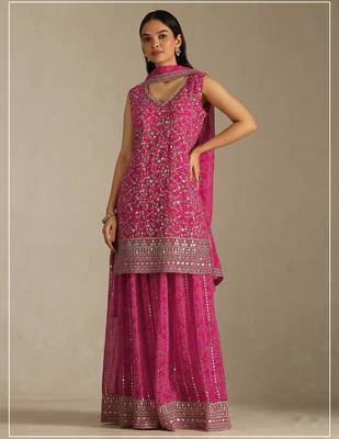 Cherry color digital printed embroideried faux georgette semi stitched salwar suit 1