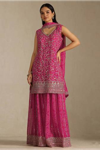 Cherry color digital printed embroideried faux georgette semi stitched salwar suit