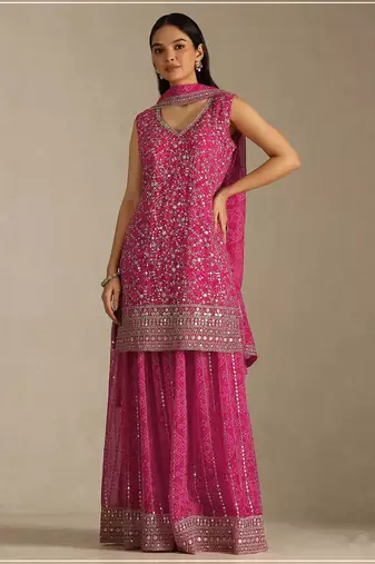 Cherry color digital printed embroideried faux georgette semi stitched salwar suit