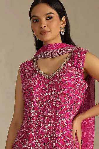 Cherry color digital printed embroideried faux georgette semi stitched salwar suit