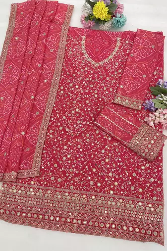 Cherry color digital printed embroideried faux georgette semi stitched salwar suit