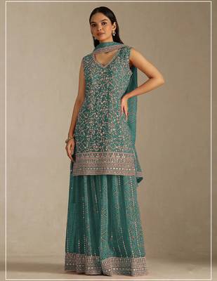 Mint color digital printed embroideried faux georgette semi stitched salwar suit 1
