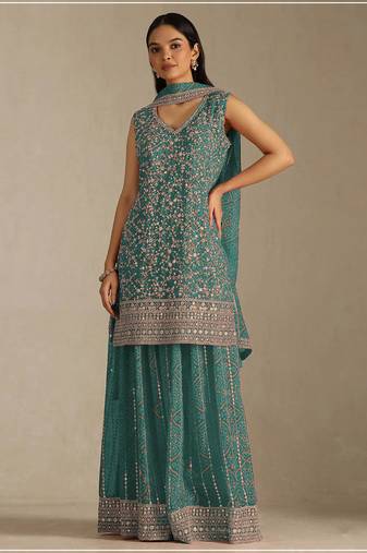 Mint color digital printed embroideried faux georgette semi stitched salwar suit