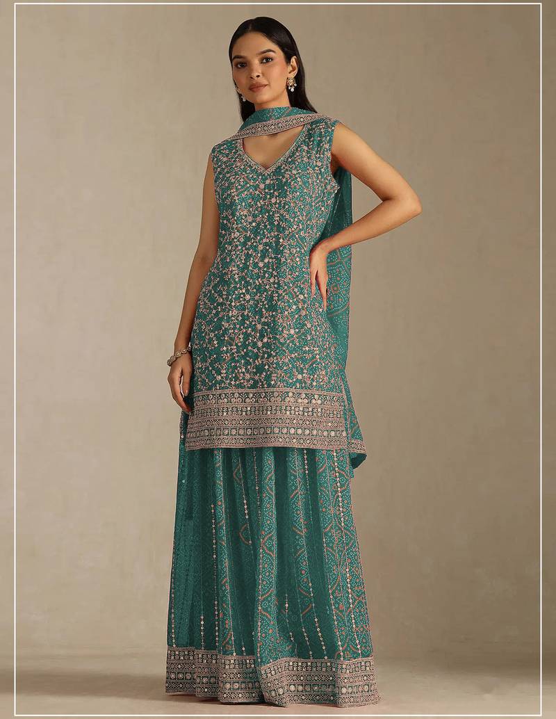 Mint color digital printed embroideried faux georgette semi stitched salwar suit