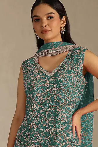 Mint color digital printed embroideried faux georgette semi stitched salwar suit