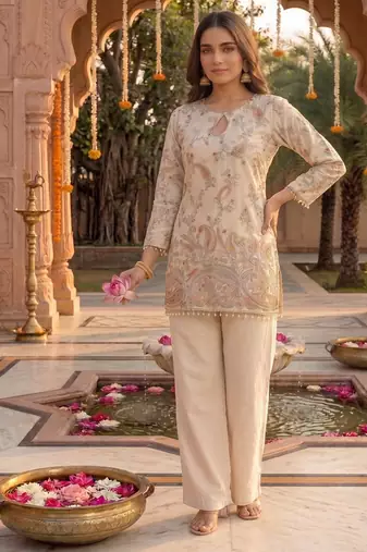 Off-white embroidered straight kurta with pant set