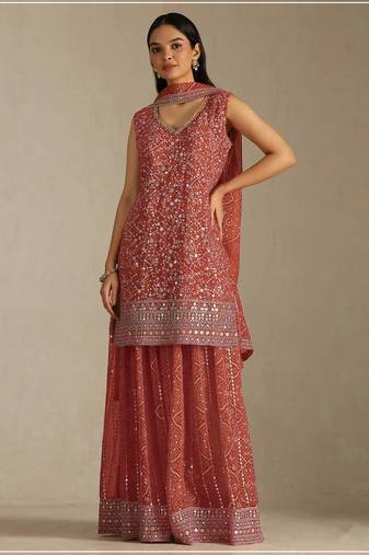 Rust color digital printed embroideried faux georgette semi stitched salwar suit