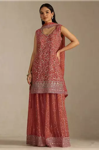 Rust color digital printed embroideried faux georgette semi stitched salwar suit