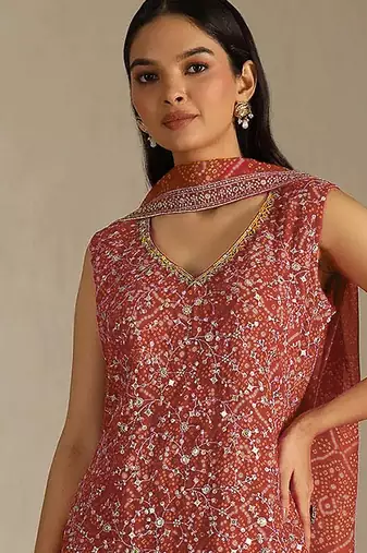 Rust color digital printed embroideried faux georgette semi stitched salwar suit