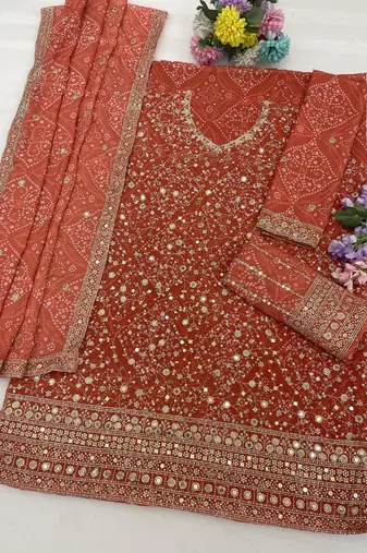 Rust color digital printed embroideried faux georgette semi stitched salwar suit
